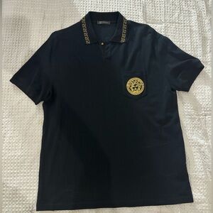 VERSACE Black Polo Shirt with Gold Accents
